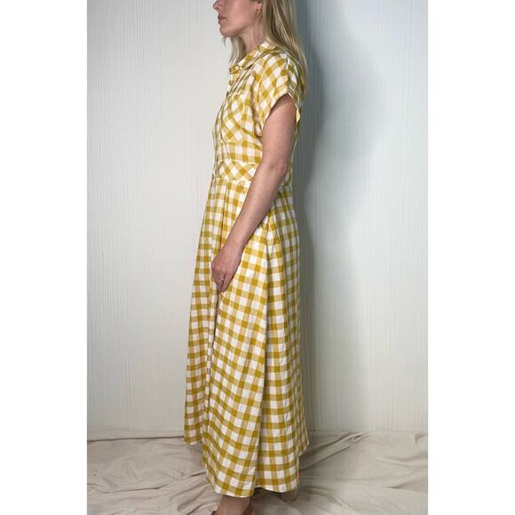 WHISTLES Illana Checkered Mustard & Cream Maxi Shirt Dress US 8 - Picture 6 of 11